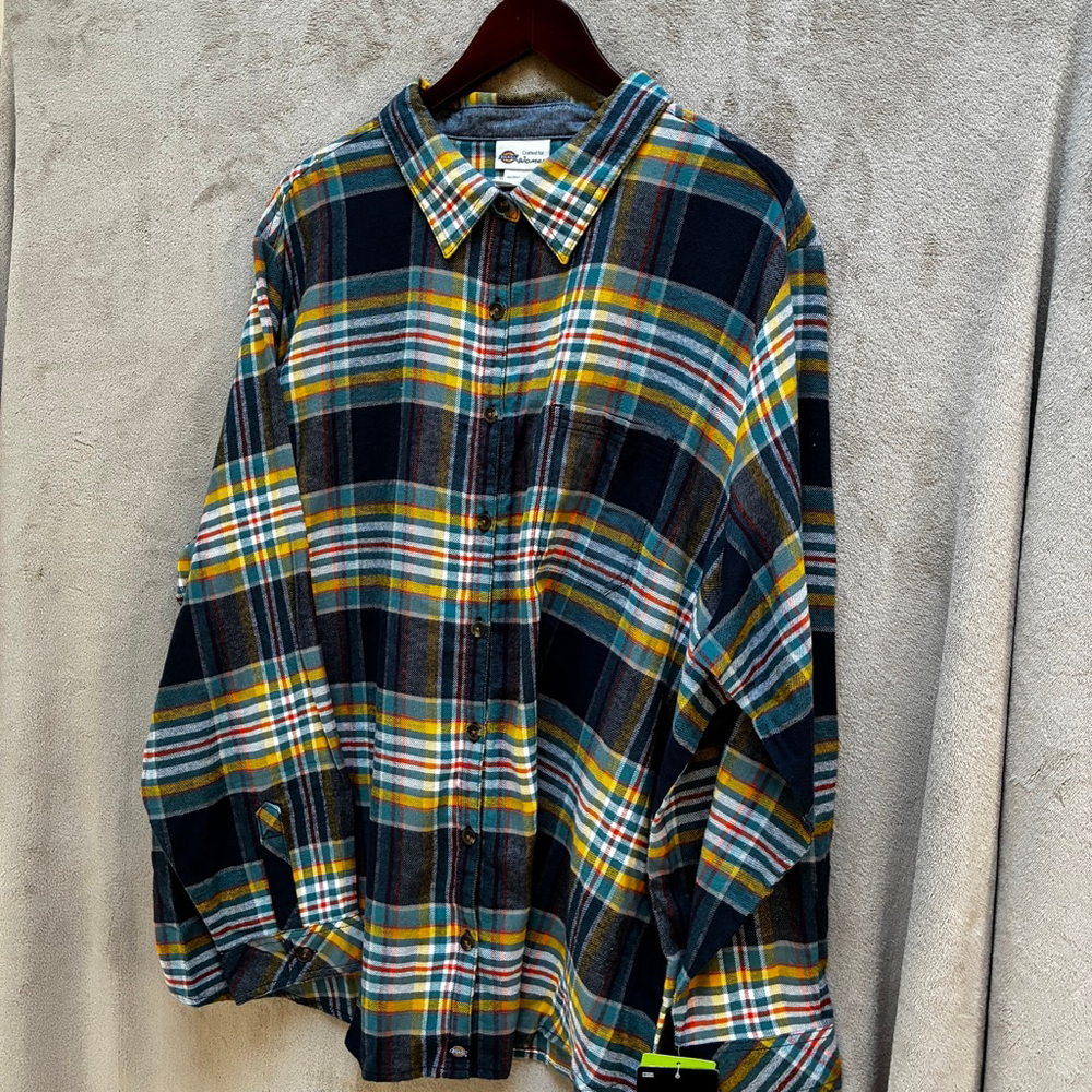 Women's Dickies Blue Yellow Plaid Flannel Button Down Shirt 3X 100% Cotton